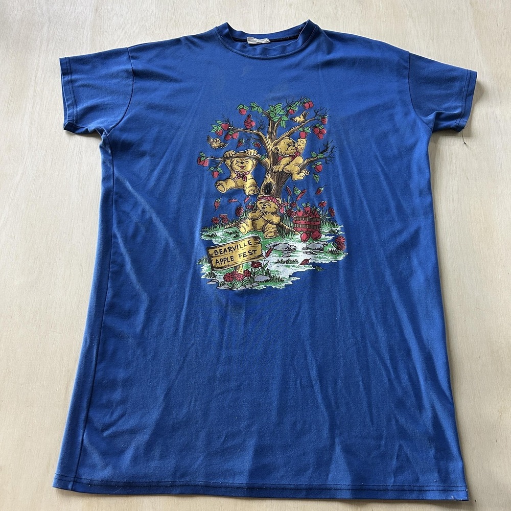 Vintage Bearville Apple Fest Shirt Womens One Size Blue Bear Graphic Tee T-Shirt